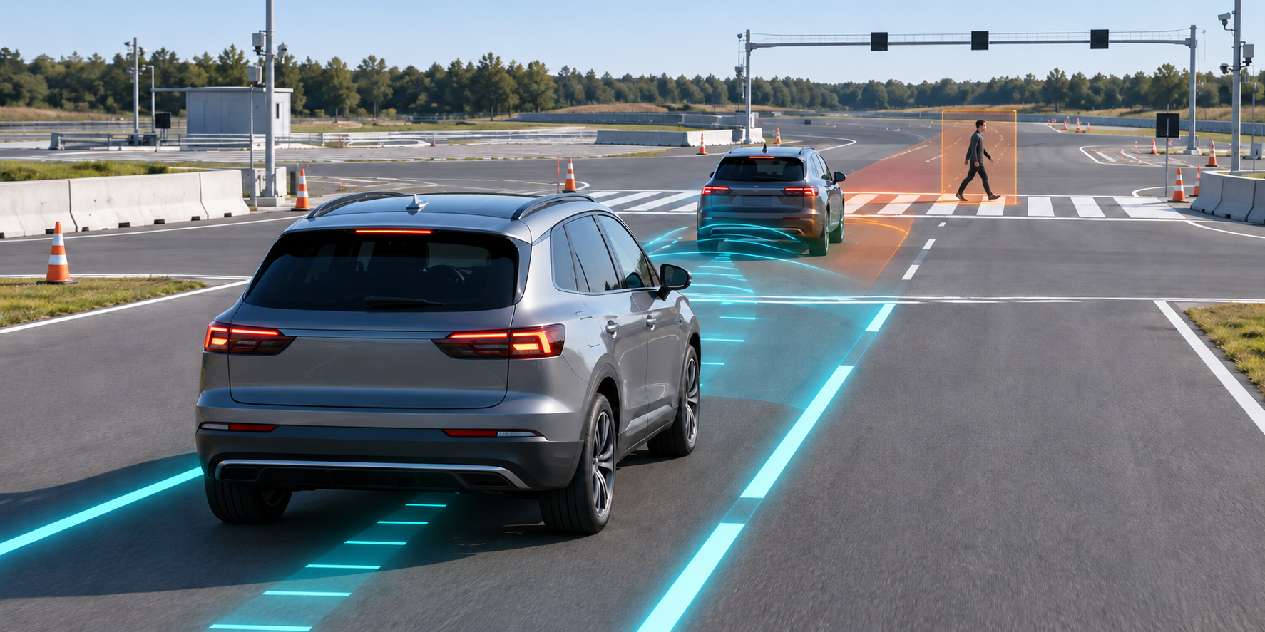 ADAS test vehicle using lane keeping, collision detection, and braking overlays