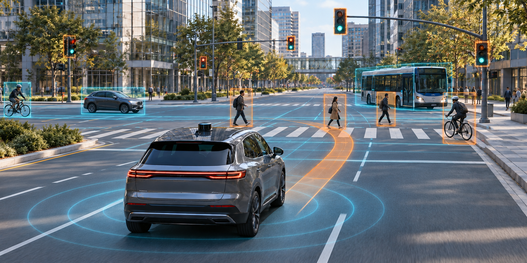 Vehicles, pedestrians, and traffic lights in a city automation systems test scenario