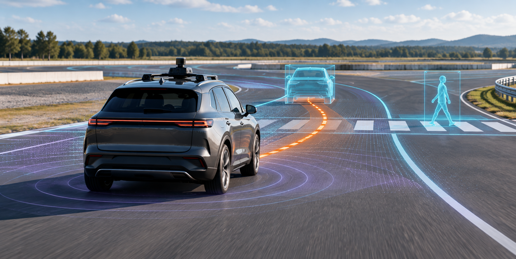 Physical test vehicle interacting with virtual vehicle and pedestrian overlays on a proving-ground road