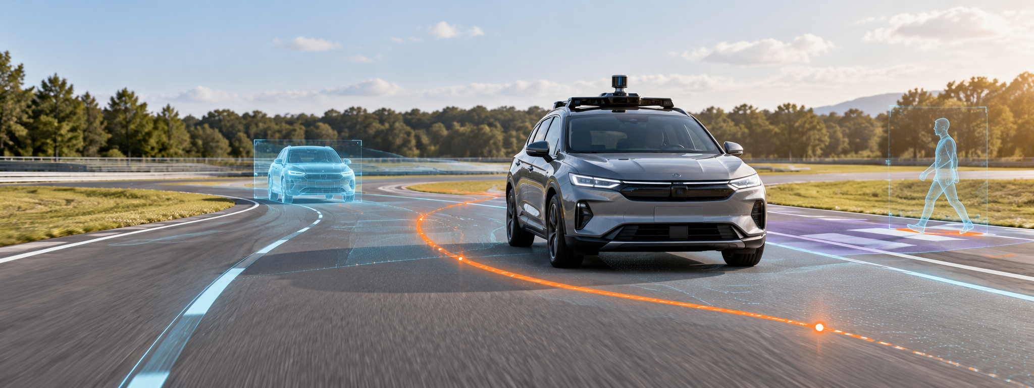 Sensor-equipped vehicle driving on a closed road-testing course with mixed-reality overlays